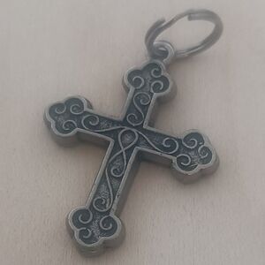 Ornate Scroll Cross Pendant in Aged Silver-Tone